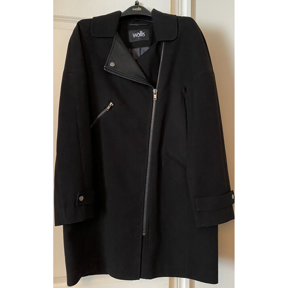 Wallis women's Faux Leather Collar Longline Biker Coat Jacket In Black Size M